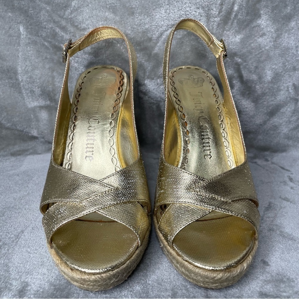 Juicy Couture Kross Platino Metallic Canvas Espadrille Wedges Slingback Sz 9 - Picture 4 of 11